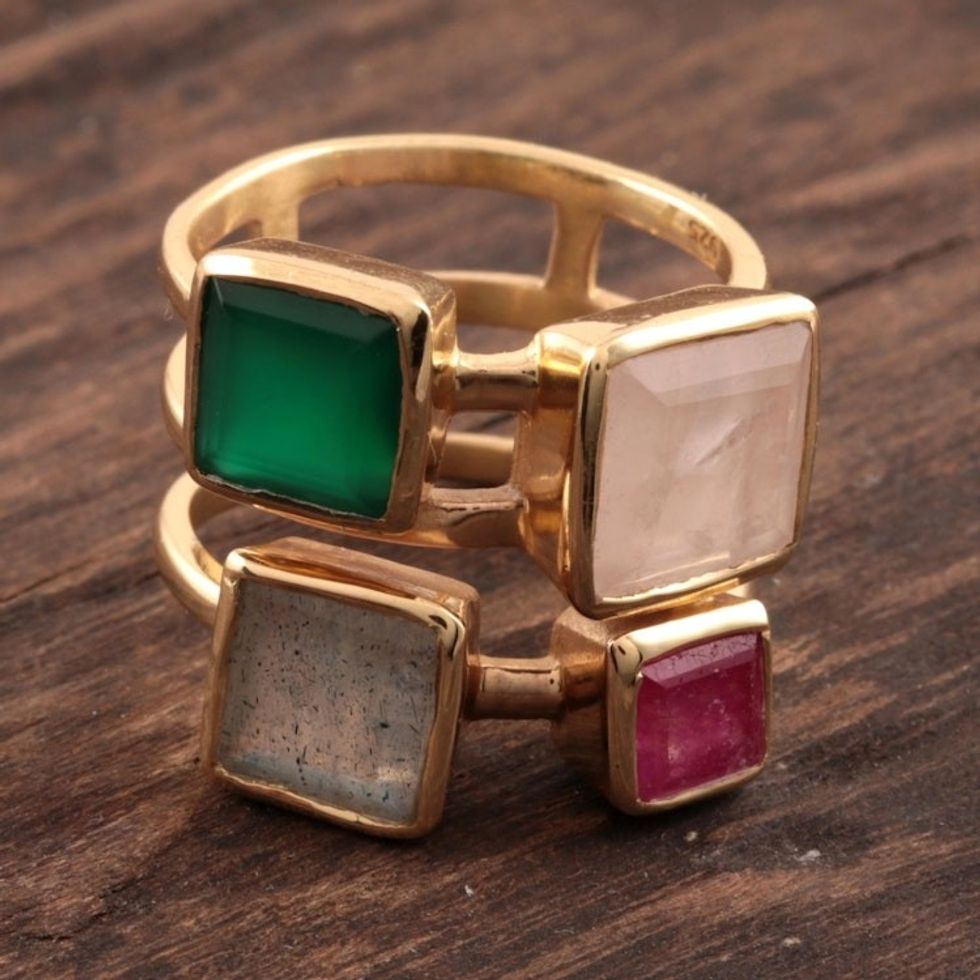 Gold Plated Multi-Gemstone Cocktail Ring from India 'Sparkling Squares'