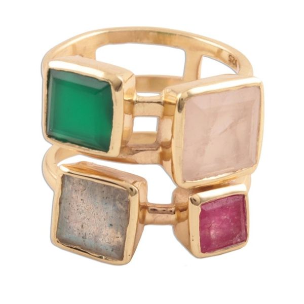Alternate image for Gold Plated Multi-Gemstone Cocktail Ring from India Sparkling Squares