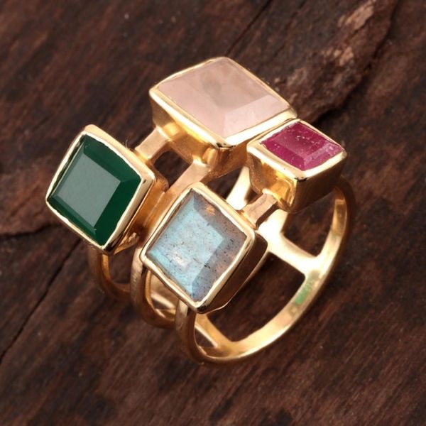 Alternate image for Gold Plated Multi-Gemstone Cocktail Ring from India Sparkling Squares