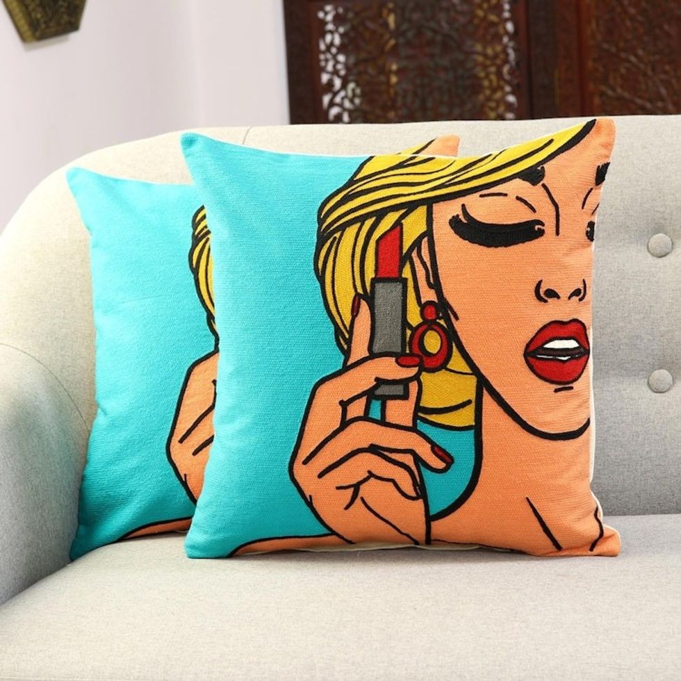 Embroidered Cotton Cushion Covers of a Woman Pair 'Lipstick'