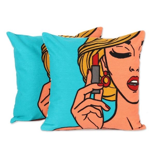 Alternate image for Embroidered Cotton Cushion Covers of a Woman Pair Lipstick