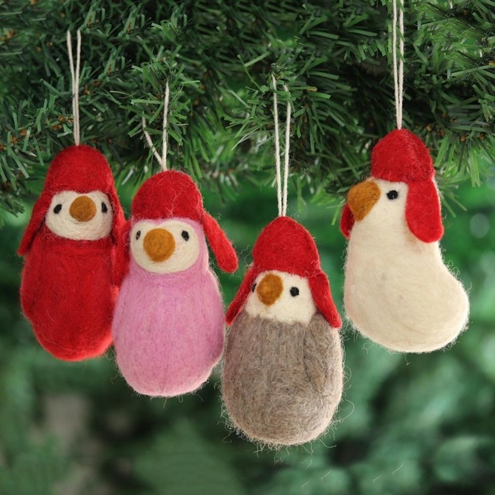 Penguin-Themed Wool Felt Ornaments from India Set of 4 'Winter Greetings'