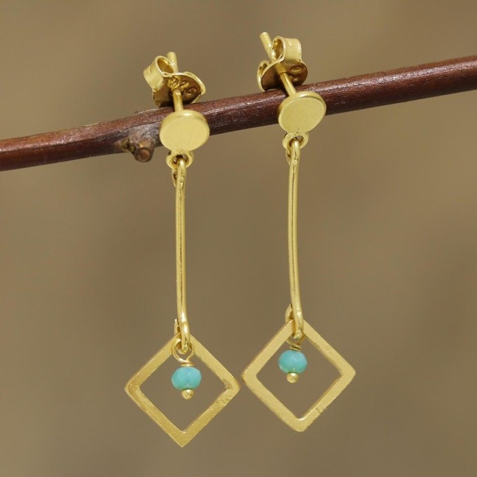 22k Gold Plated Chalcedony Dangle Earrings from India 'Square Dazzle'