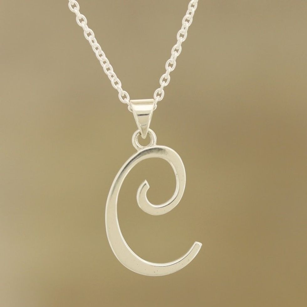 Sterling Silver Letter C Pendant Necklace from India 'Dancing C'