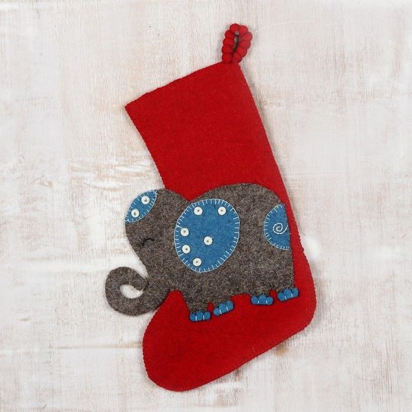 Alternate image for Handmade Wool Christmas Stocking Festive Elephant in Red