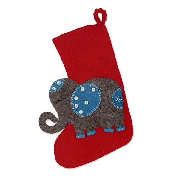 Alternate image for Handmade Wool Christmas Stocking Festive Elephant in Red