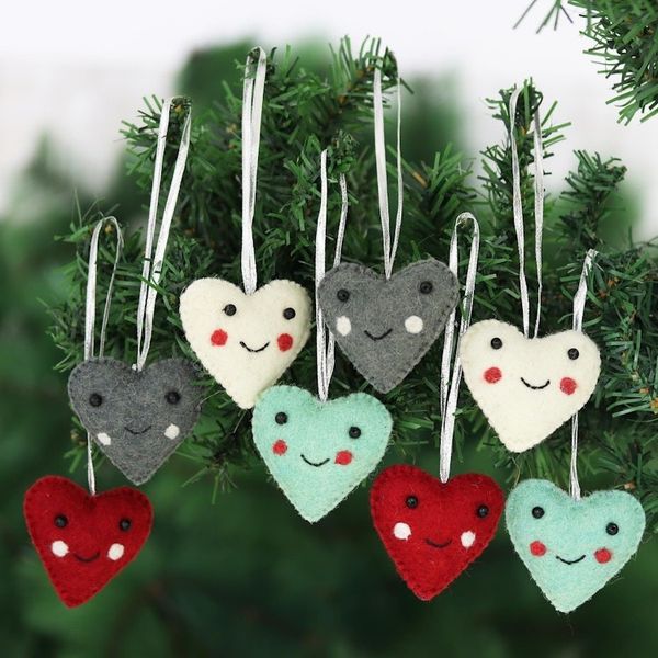 Alternate image for Assorted Colors Wool Felt Heart Ornaments Set of 8 Smiling Hearts