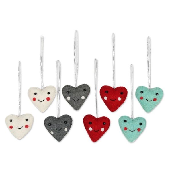 Alternate image for Assorted Colors Wool Felt Heart Ornaments Set of 8 Smiling Hearts