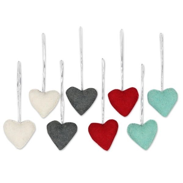 Alternate image for Assorted Colors Wool Felt Heart Ornaments Set of 8 Smiling Hearts