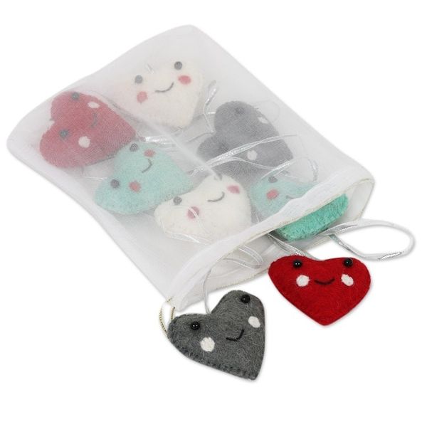 Alternate image for Assorted Colors Wool Felt Heart Ornaments Set of 8 Smiling Hearts