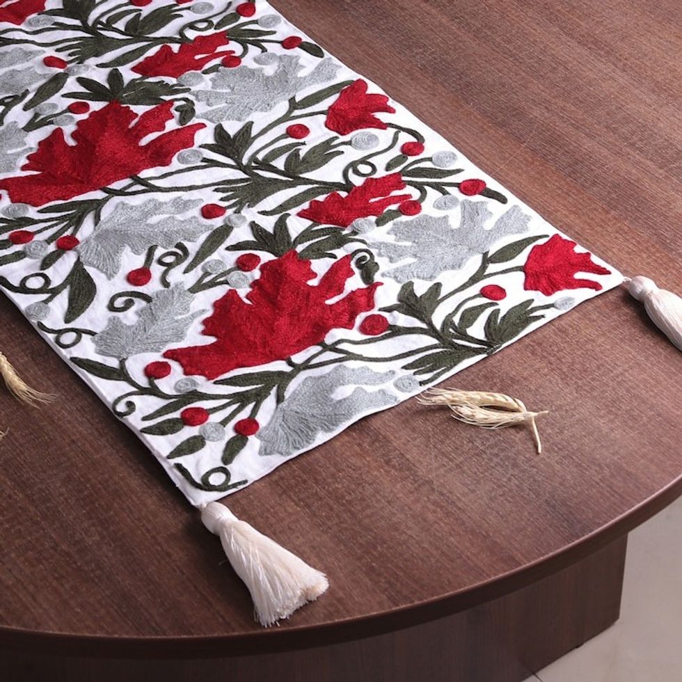 Hand Woven Cotton Table Runner with Floral Motif 'Beauty of Kashmir'