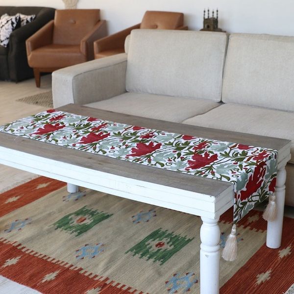 Alternate image for Hand Woven Cotton Table Runner with Floral Motif Beauty of Kashmir