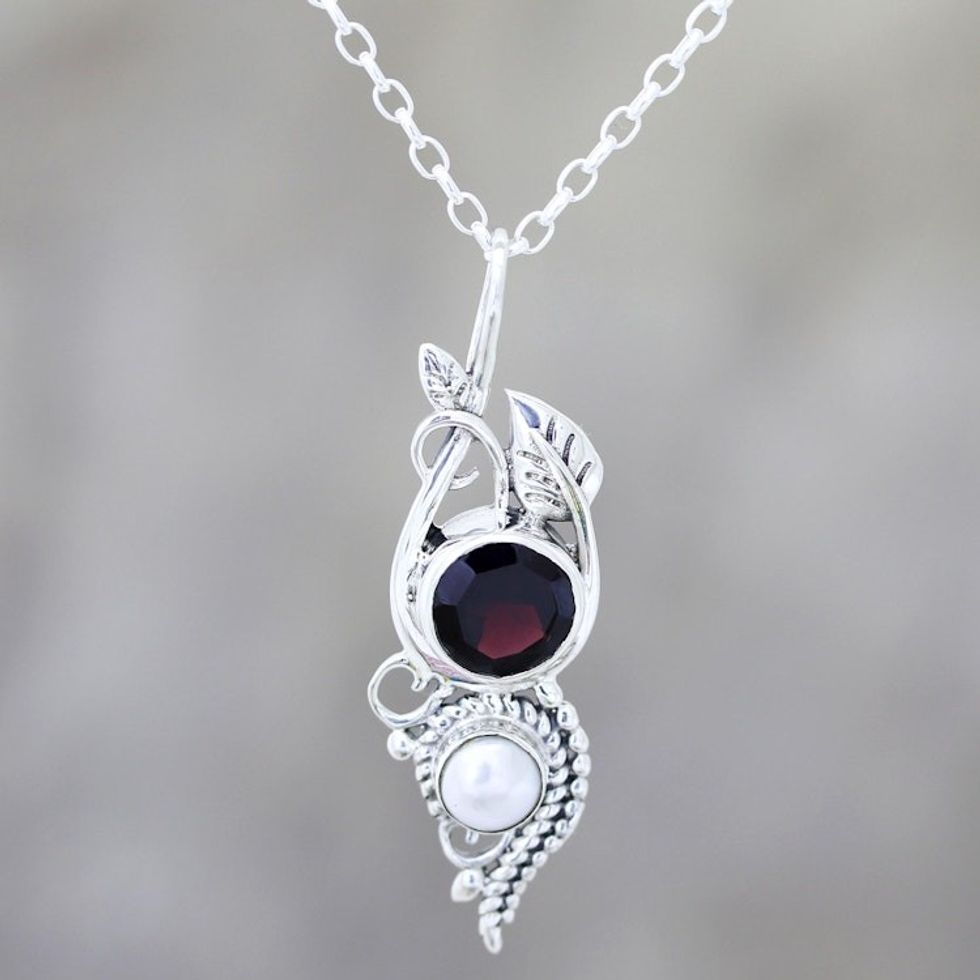 Leafy Garnet and Cultured Pearl Pendant Necklace from India 'Misty Elegance'