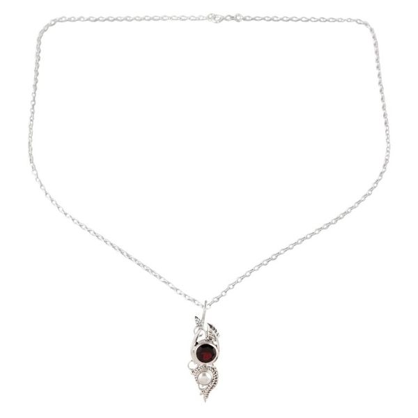 Alternate image for Leafy Garnet and Cultured Pearl Pendant Necklace from India Misty Elegance