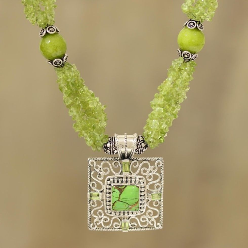 Peridot and Composite Turquoise Beaded Pendant Necklace 'Verdant Square'