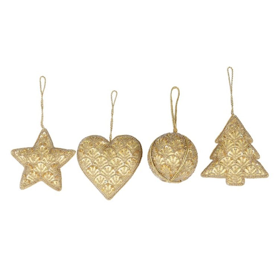 Embellished Gold Satin Christmas Ornaments Set of 4 'Golden Christmas'