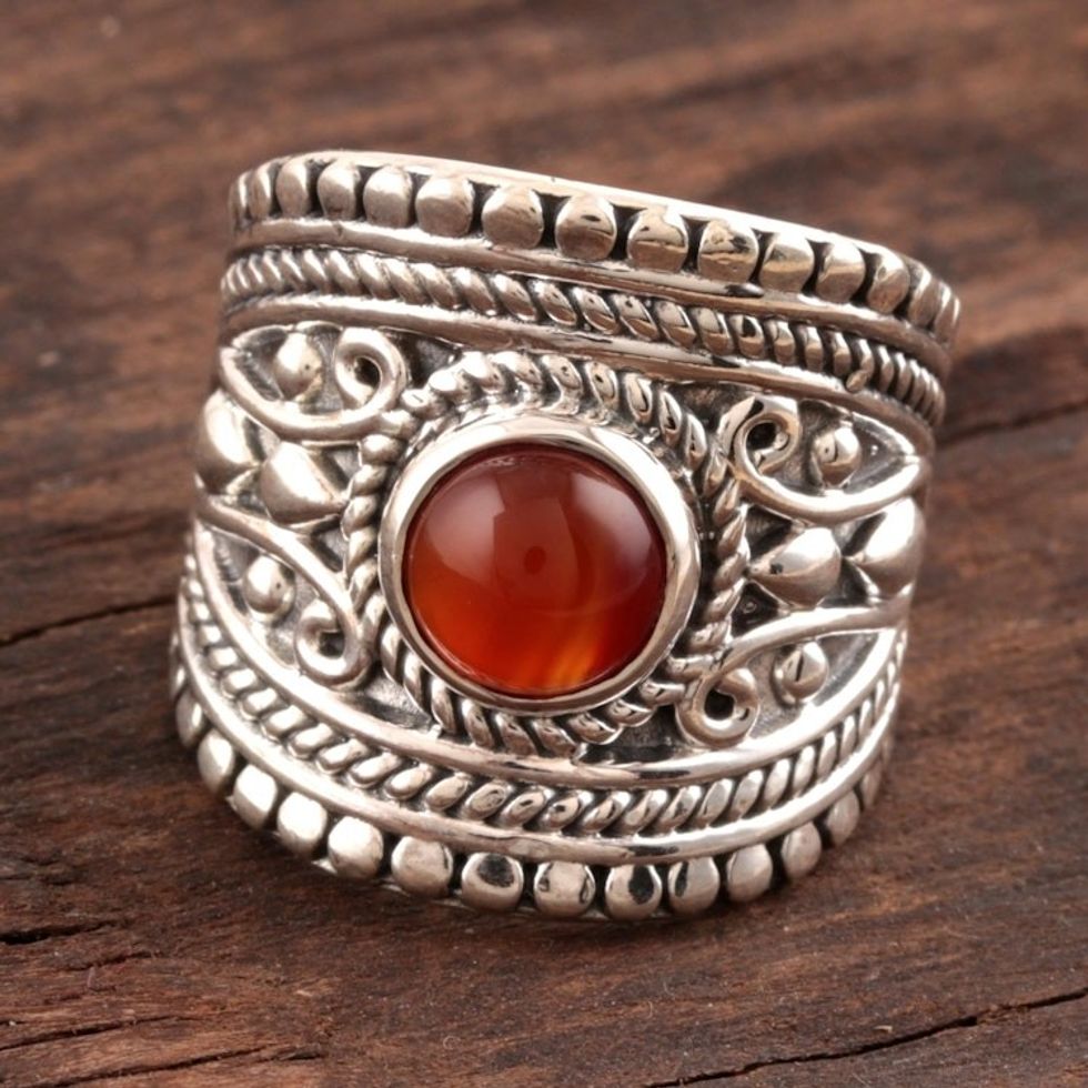 Red-Orange Onyx Single-Stone Ring from India 'Sunset Dome'