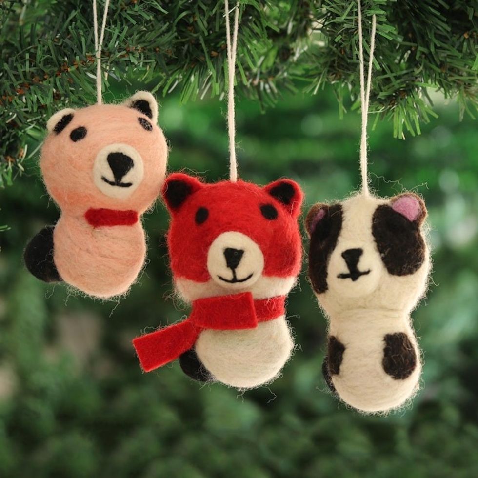 Wool Felt Panda Ornaments from India Set of 3 'Panda Charm'