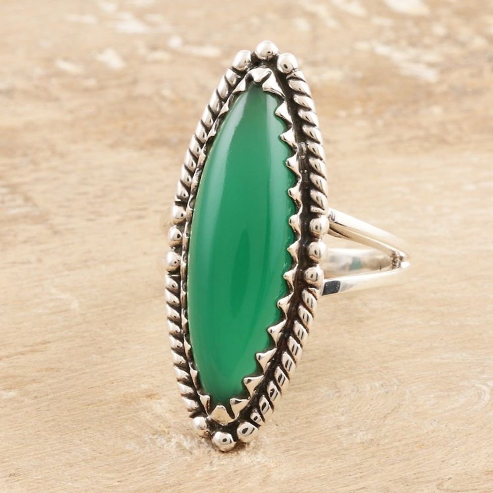 Sterling Silver Cocktail Ring with Green Onyx Cabochon 'Green with Envy'