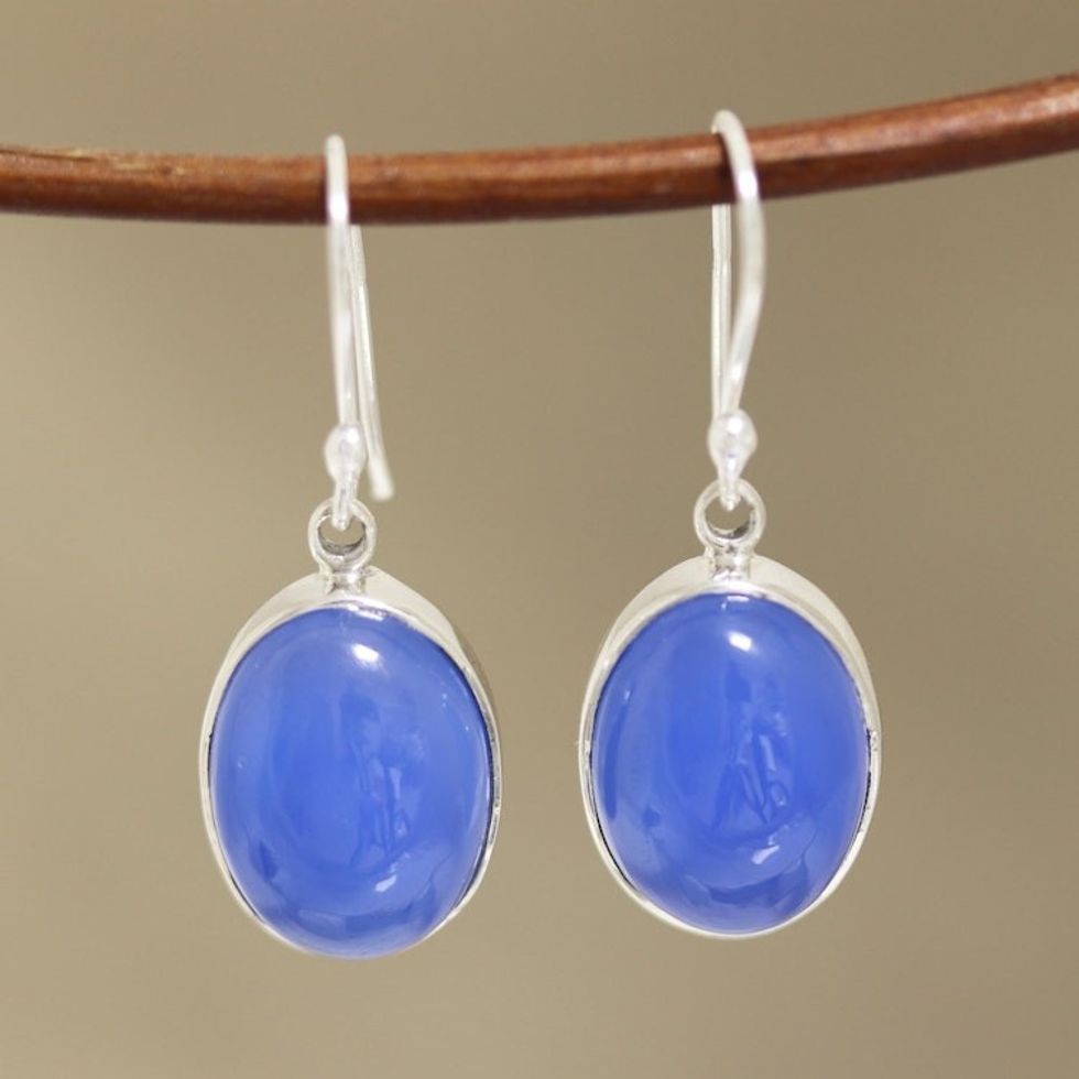 Oval Blue Chalcedony Dangle Earrings from India 'Cool Ovals'