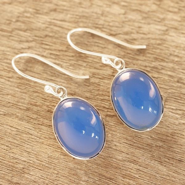 Alternate image for Oval Blue Chalcedony Dangle Earrings from India Cool Ovals