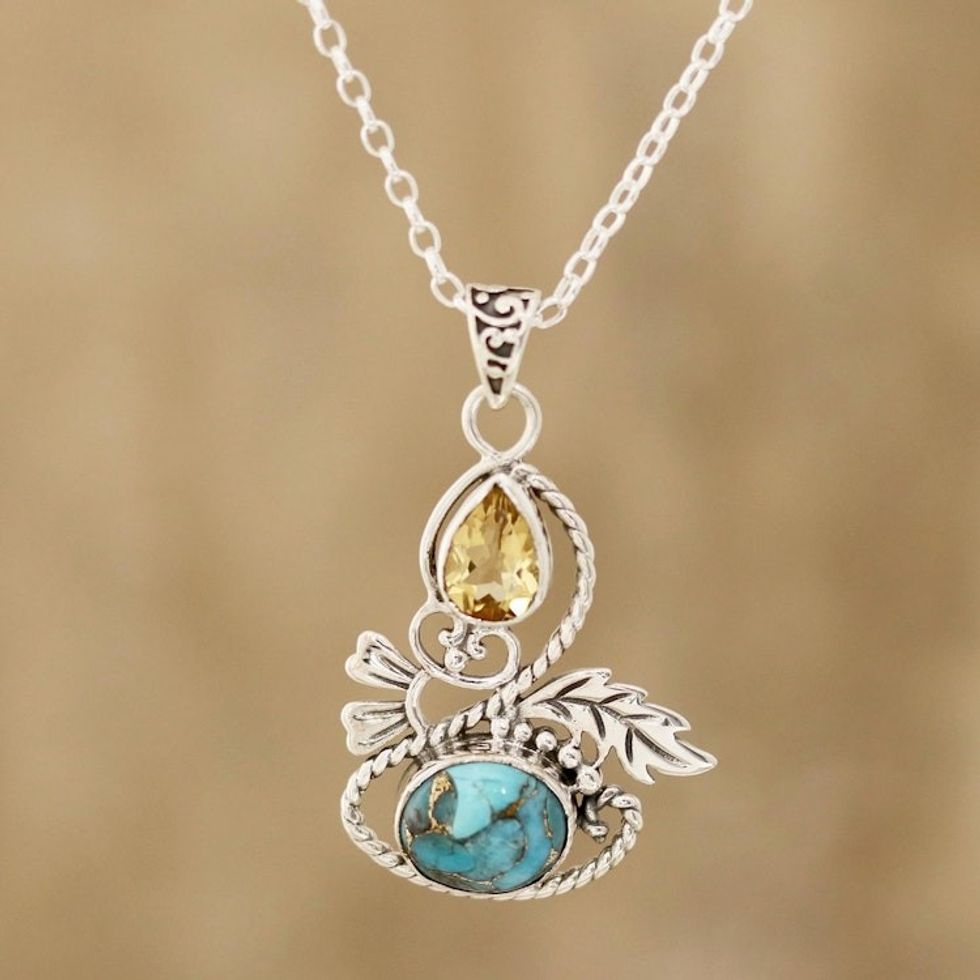 Leaf Motif Citrine and Composite Turquoise Pendant Necklace 'Delightful Garden'