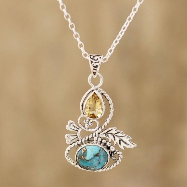 Alternate image for Leaf Motif Citrine and Composite Turquoise Pendant Necklace Delightful Garden