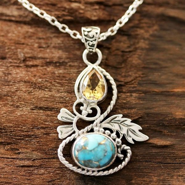 Alternate image for Leaf Motif Citrine and Composite Turquoise Pendant Necklace Delightful Garden