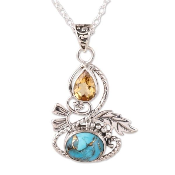 Alternate image for Leaf Motif Citrine and Composite Turquoise Pendant Necklace Delightful Garden