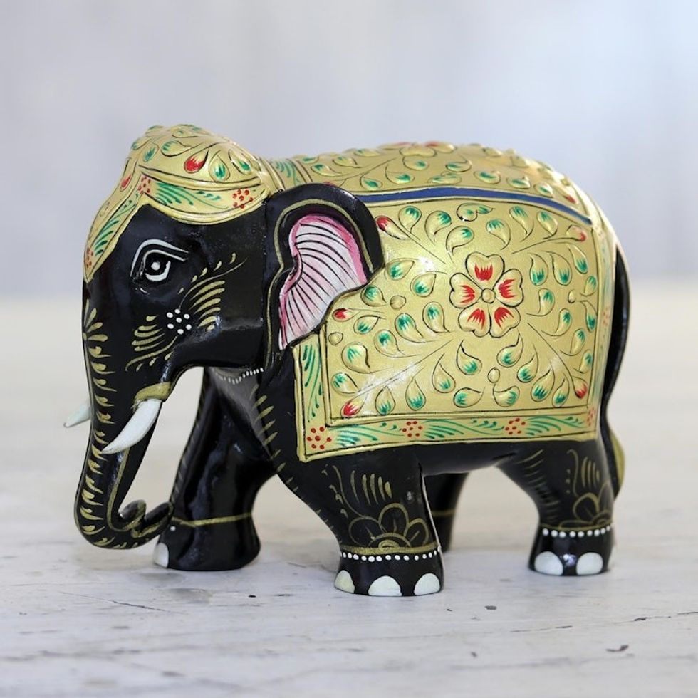 Hand Carved Kadam Wood and Gold Leaf Elephant Statuette 'Golden Robe'