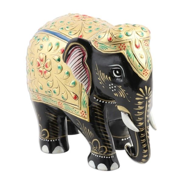 Alternate image for Hand Carved Kadam Wood and Gold Leaf Elephant Statuette Golden Robe