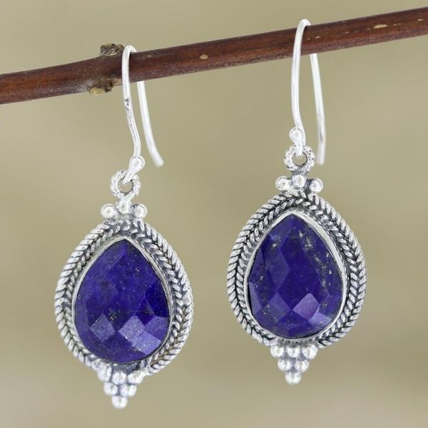 Alternate image for Lapis Lazuli and Sterling Silver Dangle Earrings Deep Sea Dewdrops