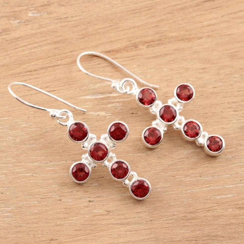 Garnet and Sterling Silver Cross Dangle Earrings 'Celebrated Cross'
