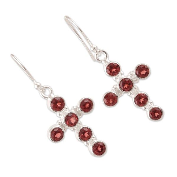 Alternate image for Garnet and Sterling Silver Cross Dangle Earrings Celebrated Cross
