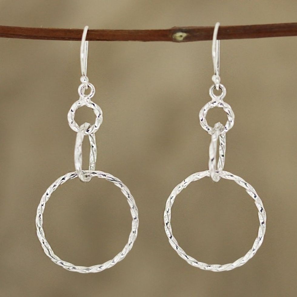 Sterling Silver Looped Dangle Earrings from India 'Twisted Loop'