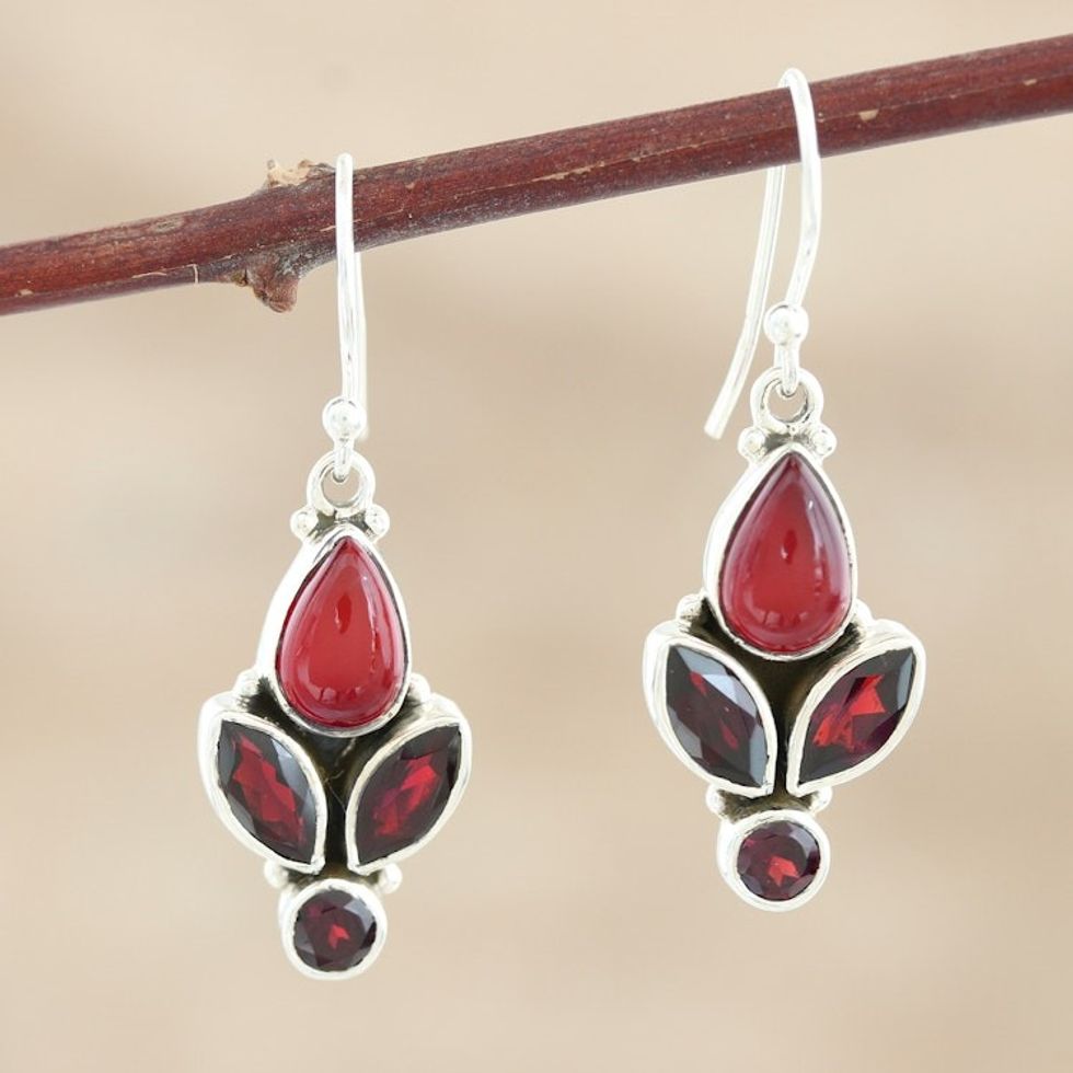 Handmade Garnet and Carnelian Gemstone Dangle Earrings 'Passionate Red'