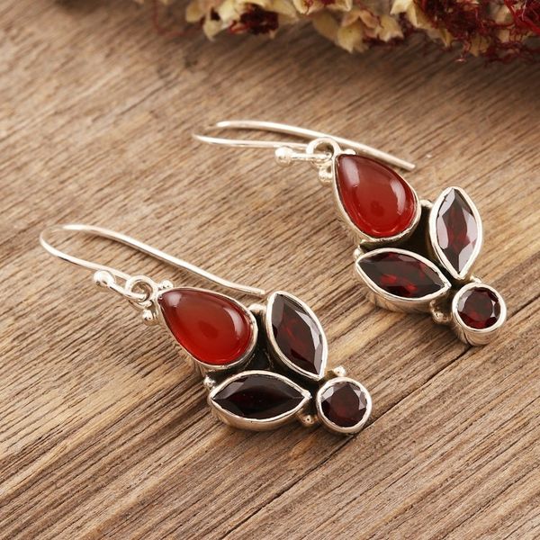 Alternate image for Handmade Garnet and Carnelian Gemstone Dangle Earrings Passionate Red