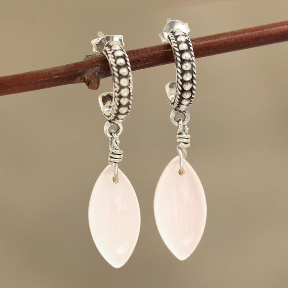 Pink Chalcedony Half-Hoop Dangle Earrings from India 'Soft Delight'