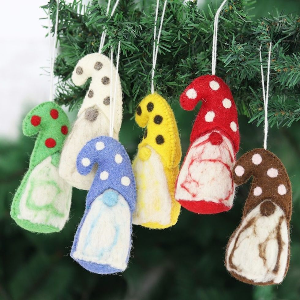 Wool Felt Gnome Ornaments Set of 6 'Holiday Gnomes'