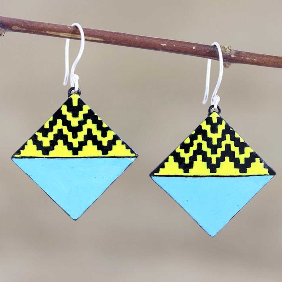 Hand Made Ceramic Dangle Earrings from India 'Aqua Horizon'