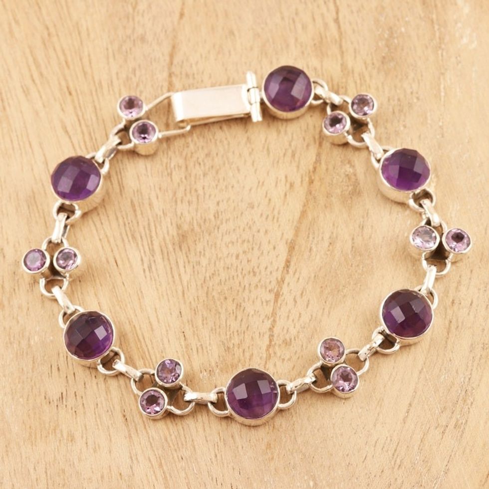 Faceted Amethyst Sterling Silver Link Bracelet 'Frosted Grapes'