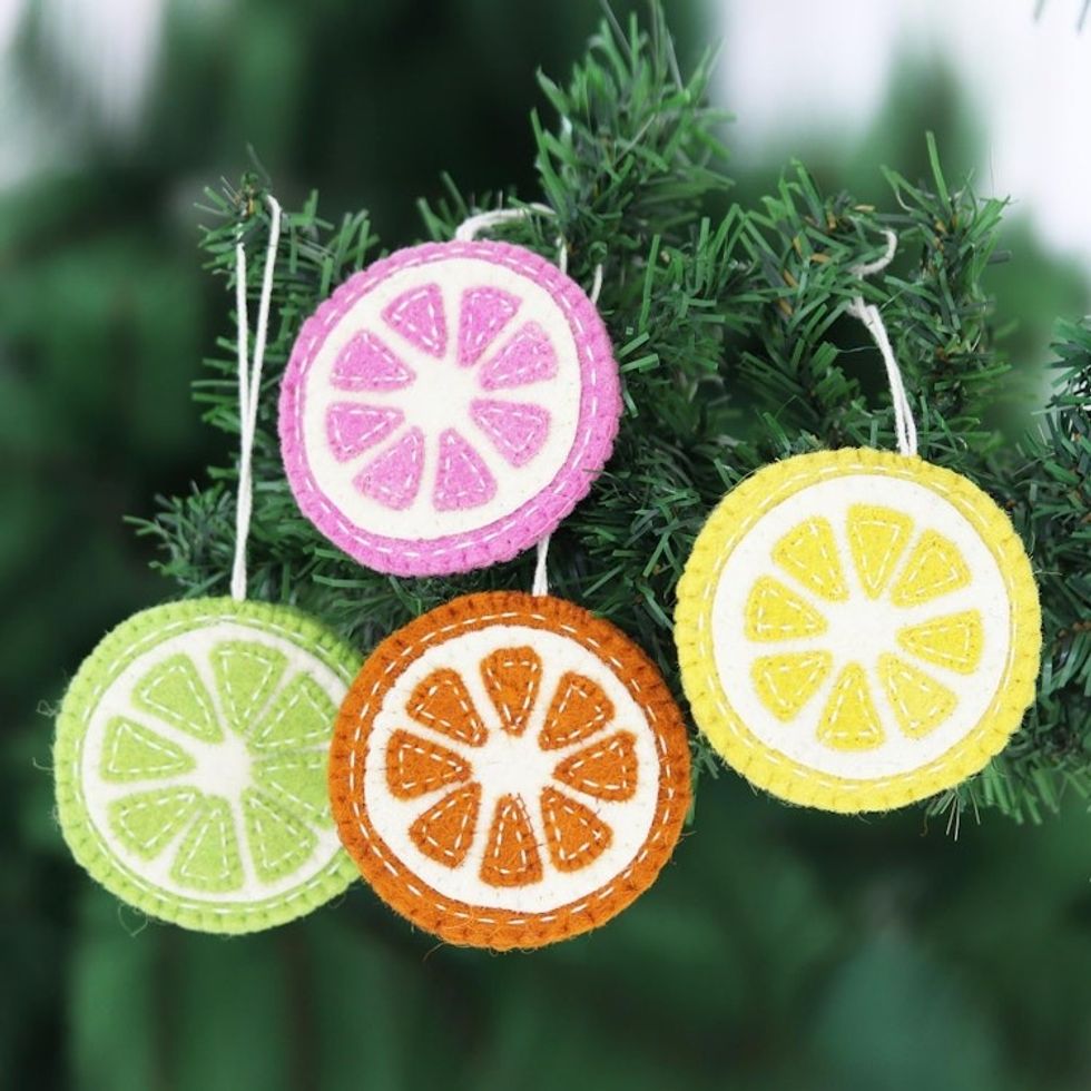 Artisan Made Felted Christmas Tree Ornaments Set of 4 'Citrus Passion'