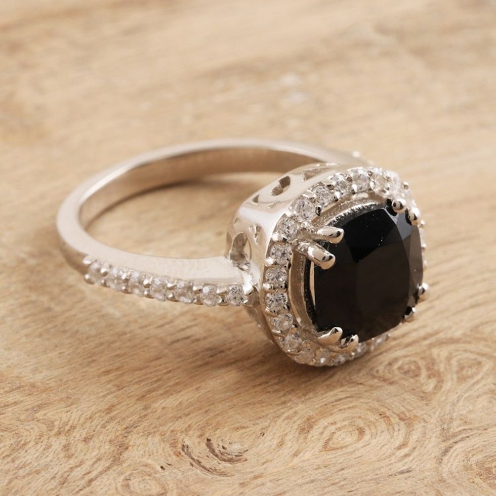 Black Spinel and Cubic Zirconia Cocktail Ring 'Glamour at Midnight'