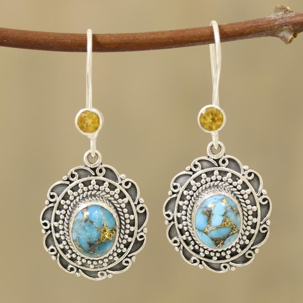 Citrine and Composite Turquoise Dangle Earrings from India 'Royal Complement'