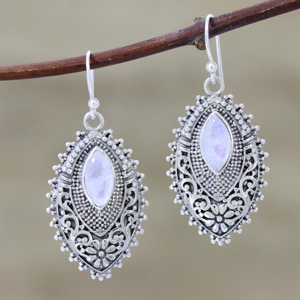 Rainbow Moonstone Cabochon Sterling Silver Dangle Earrings 'Misty Fantasy'