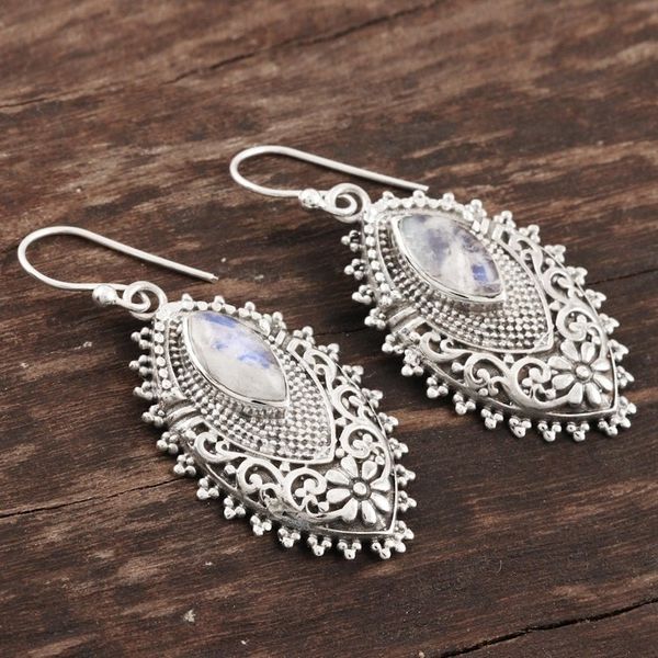 Alternate image for Rainbow Moonstone Cabochon Sterling Silver Dangle Earrings Misty Fantasy