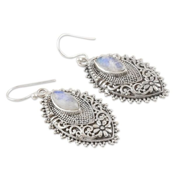 Alternate image for Rainbow Moonstone Cabochon Sterling Silver Dangle Earrings Misty Fantasy
