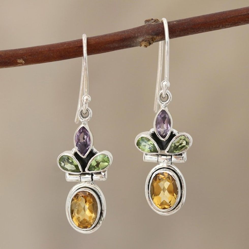 Multi-Gemstone Dangle Earrings from India 'Petal Play'