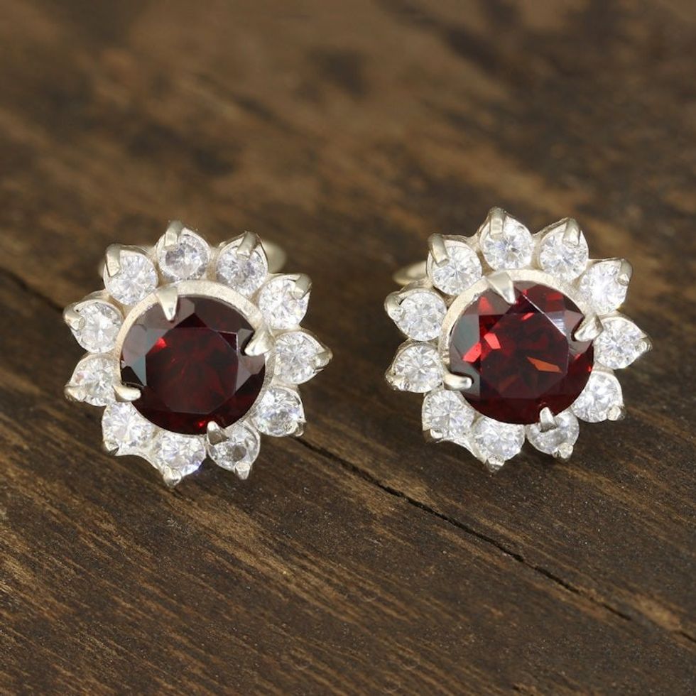 Floral Garnet Stud Earrings Crafted in India 'Gleaming Flower'