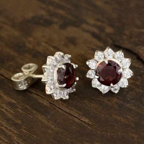 Alternate image for Floral Garnet Stud Earrings Crafted in India Gleaming Flower